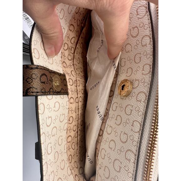 New W Tags: Guess White and Brown Multi Rodez Satchel Bag - Picture 5 of 10